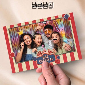 May include: A red and white striped photo booth frame with a carnival theme. The frame features a blue and white sign that reads "GSC Carnival". Four people are in the photo booth, all smiling and holding props.