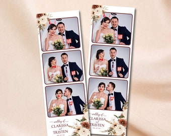 May include: A photo booth strip with four photos of a bride and groom. The photos are in a white frame with a brown border. The photos are decorated with floral designs and the text "wedding of Clarissa and Tristen 09-07-24".