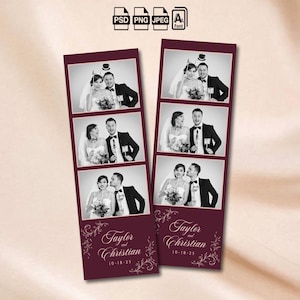 May include: Two burgundy photo booth strips featuring black and white wedding photos of a couple. The strips have the names "Taylor and Christian" and the date "10-18-25" printed on them. The top of the image has icons for PSD, PNG, JPEG, and Font.