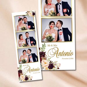 May include: A white photo booth strip with a gold border and floral design. The strip has four photo slots with images of a bride and groom. The text "Mr. & Mrs. Antonio" and "November 2, 2024" is printed on the strip.