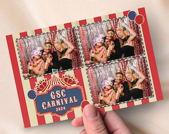 May include: A red and white striped photo booth backdrop with four photo strips. The photo strips feature people wearing party hats and holding props. The backdrop has a blue and white sign that says "GSC CARNIVAL 2024".