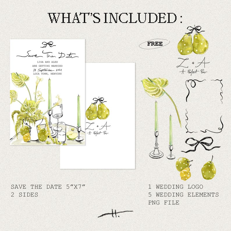 Puede incluir: Una ilustraci&oacute;n digital de una tarjeta de guardar la fecha de boda con peras verdes, velas y un arreglo floral. El texto en la tarjeta dice "Save the Date" e incluye los nombres de la pareja, la fecha de la boda y la ubicaci&oacute;n. La tarjeta mide 12,7 cm por 17,8 cm y tiene dos lados. La ilustraci&oacute;n tambi&eacute;n incluye un logotipo de boda y cinco elementos de boda, todos en formato PNG.