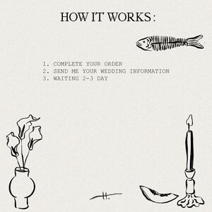 Puede incluir: C&oacute;mo funciona: Completa tu pedido, env&iacute;a la informaci&oacute;n de tu boda y espera de 2 a 3 d&iacute;as. Ilustraci&oacute;n de un esqueleto de pez, una vela, un jarr&oacute;n con flores y una rodaja de mel&oacute;n.