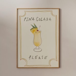 Pina Colada-poster, handgetekende cocktail, barwagen kunst aan de muur, vintage cocktailprint, vintage cocktailschets, keukeninrichting, digitale muurkunst