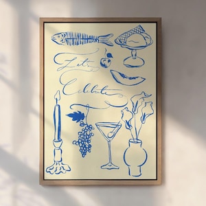 Hand Drawn Brunch Print, Kitchen Digital Wall Art,  Kitchen blue art, Paris Cafe Art, French cafe sketch, Food Print, Dinner party wall art