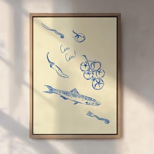 Cin Cin Poster, Handgezeichnete Lebensmittel Druck, Küche Blau Kunst, Paris Cafe Art, Französische Café Skizze, Lebensmittel Druck, Abendessen Poster, Bar Warenkorb Druck
