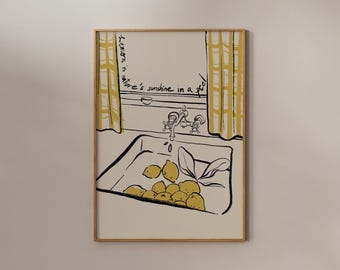Impression citron cuisine dessinée à la main : oeuvre d'art murale estivale tendance (téléchargement numérique)