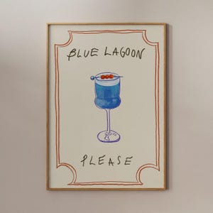 Blue Lagoon-poster, handgetekende cocktail, barwagen kunst aan de muur, vintage cocktailprint, vintage cocktailschetskunst, keukeninrichting, schetskunst