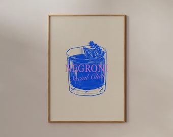 Negroni Cocktail Poster, Hand Drawn Cocktail, Bar Cart Print, Negroni Cocktail Print, Vintage Cocktail Art, Kitchen decor, Negroni Print