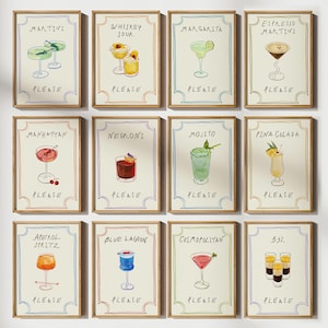 Conjunto de pared de galería de 12 cócteles dibujados a mano, arte de pared de cócteles, arte de pared minimalista, impresiones de carritos de bar, arte de pared de moda, póster de cócteles