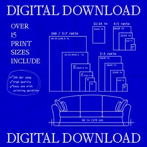 Op de afbeelding: Een blauwe digitale downloadafbeelding met afdrukopties, waaronder ISO-, 4:5- en 2:3-verhoudingen. De afbeelding toont meer dan 15 afdrukformaten, met een omtrek van een bank onderaan. De tekst bevat "300 dpi jpeg". De bank is 170 cm breed.