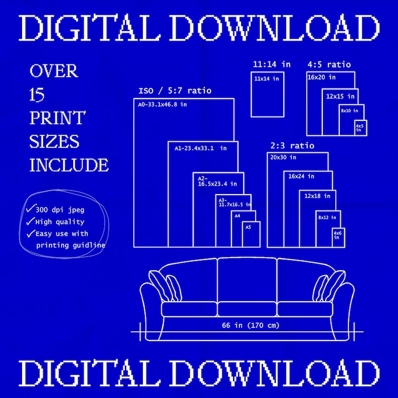 Op de afbeelding: Een blauwe digitale downloadafbeelding met afdrukopties, waaronder ISO-, 4:5- en 2:3-verhoudingen. De afbeelding toont meer dan 15 afdrukformaten, met een omtrek van een bank onderaan. De tekst bevat "300 dpi jpeg". De bank is 170 cm breed.