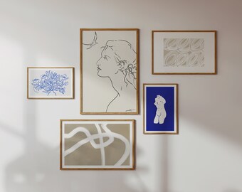 Set of 5 Blue Art, Digital Blue Wall Art, Blue White Art Print, Figure Print, Whimsical Wall Art, Whimsical Art Download, Hand Drawn art