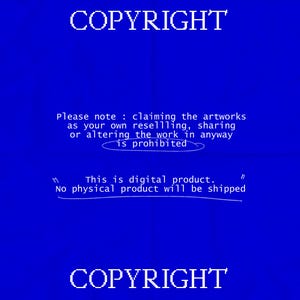Op de afbeelding: Een digitale productkennisgeving op een blauwe achtergrond. Het woord "COPYRIGHT" staat in het wit bovenaan en onderaan. De tekst in het midden stelt dat wederverkoop, delen of wijzigen van het kunstwerk verboden is. Er staat ook dat er geen fysiek product wordt verzonden.