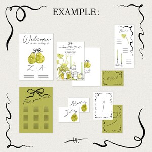 Puede incluir: Un conjunto de plantillas de papeler&iacute;a de boda imprimibles con un dise&ntilde;o de pera verde. El conjunto incluye un cartel de bienvenida, una tarjeta de guardar la fecha, una tarjeta RSVP, una tarjeta de men&uacute;, una tarjeta de n&uacute;mero de mesa y un plano de asientos.