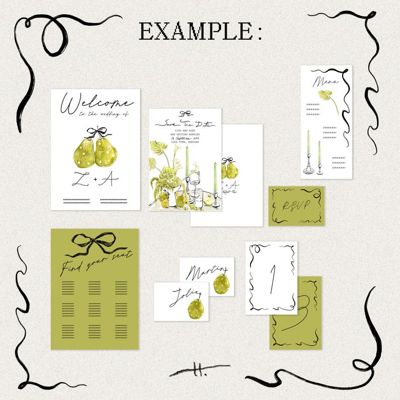 Puede incluir: Un conjunto de plantillas de papeler&iacute;a de boda imprimibles con un dise&ntilde;o de pera verde. El conjunto incluye un cartel de bienvenida, una tarjeta de guardar la fecha, una tarjeta RSVP, una tarjeta de men&uacute;, una tarjeta de n&uacute;mero de mesa y un plano de asientos.