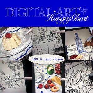 Op de afbeelding: Digitale kunstillustraties van voedsel- en dinertafereel, waaronder een dessert met een kers, een tafelsetting met wijn en kaarsen, en een stilleven met fruit. De tekst "DIGITAL ART Hungry Ghost" en "100 % hand drawn" zijn zichtbaar.