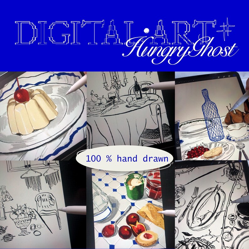 Op de afbeelding: Digitale kunstillustraties van voedsel- en dinertafereel, waaronder een dessert met een kers, een tafelsetting met wijn en kaarsen, en een stilleven met fruit. De tekst "DIGITAL ART Hungry Ghost" en "100 % hand drawn" zijn zichtbaar.