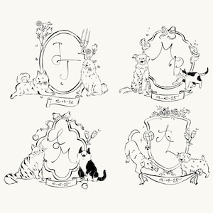May include: Four black and white line art illustrations of custom pet crests. Each crest features a different combination of dogs and cats, with decorative elements like flowers, bows, and champagne glasses. Each crest includes initials and a date.