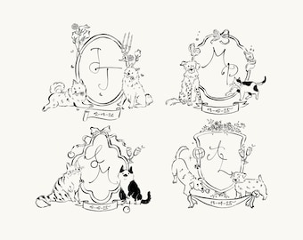 Logotipo de boda personalizado con mascota, monograma personalizado dibujado a mano con un toque original, escudo de boda a medida, logotipo de pareja de novios (perro/gato).