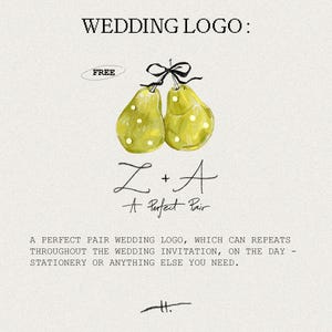 Puede incluir: Un logotipo de boda con dos peras verdes con lunares blancos atadas con una cinta negra. El texto "Z + A A Perfect Pair" est&aacute; escrito debajo de las peras.