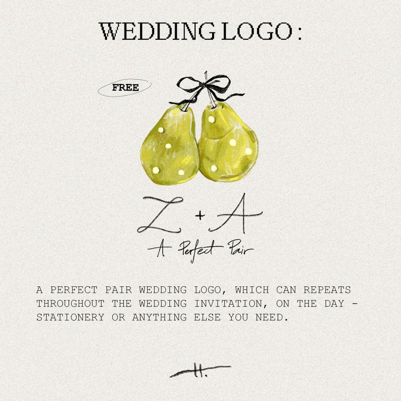 Puede incluir: Un logotipo de boda con dos peras verdes con lunares blancos atadas con una cinta negra. El texto "Z + A A Perfect Pair" est&aacute; escrito debajo de las peras.