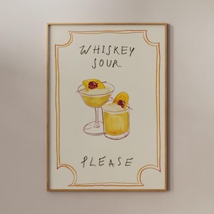 Whiskey Sour poster, handgetekende cocktail, barwagen kunst aan de muur, vintage cocktailprint, vintage cocktailschetskunst, keukeninrichting, drankkunst