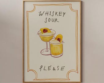Whiskey Sour Poster, Hand Drawn Cocktail, Bar Cart Wall Art, Vintage Cocktail Print, Vintage Cocktail Sketch Art, Kitchen decor, Drink Art
