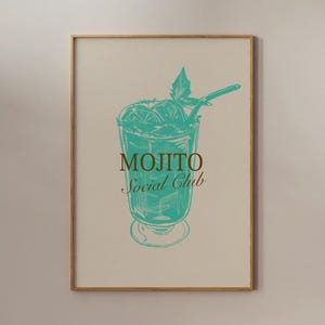 Cartel de cóctel Mojito, impresión de cóctel dibujada a mano, impresión de carrito de bar, impresión de cóctel Mojito, decoración de cocina, impresión de Mojito, arte imprimible de fiesta