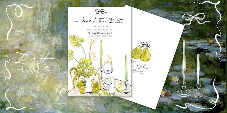 Puede incluir: Tarjeta de guardar la fecha con una ilustraci&oacute;n floral verde y blanca, dos velas y una copa de vino. El texto dice "Save the Date", "Lisa and Alex are getting married", "18 September 2024", "Local Town, New York".