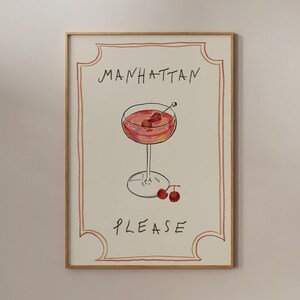 Manhattan poster, handgetekende cocktail, barwagen kunst aan de muur, vintage cocktailprint, vintage cocktailschetskunst, keukeninrichting, digitale kunst