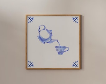 Impresión de tetera: Arte de cocina con azulejos de Delft dibujados a mano (Descarga digital)