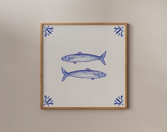 Sardines Delft Tile Print: Hand Drawn Royal Blue Kitchen Art (Digital Download)