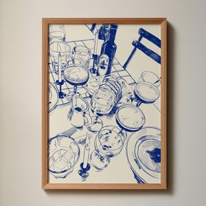 Hand Drawn Brunch Print, Digital wall art, Baguette Print , Paris Cafe Art, French cafe sketch, Food Print, Blue Dinner Line Art Poster