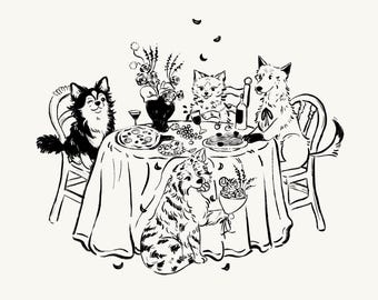Hand drawn Personalized Illustration Pets At Wedding Table, For Save The Date Wedding Invitations, Cats Dogs Pets Custom Portrait