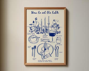 How To Set The Table Print, Digital wall art, Hand drawn food Print , Kitchen art decor, French food sketch art, Blue dinner poster