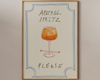 Aperol Spritz Poster, Hand Drawn Cocktail, Bar Cart Wall Art, Vintage Cocktail Print, Vintage Cocktail Sketch Art, Kitchen decor, Sketch Art