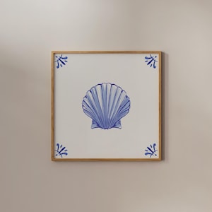 May include: A framed print of a blue and white seashell on a white background. The seashell is in the center of the print and is surrounded by a simple blue and white border.