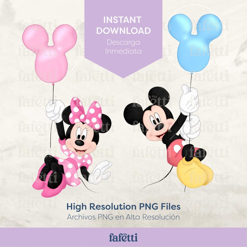 May include: Two cartoon characters, Mickey Mouse and Minnie Mouse, holding onto pink and blue balloons with their signature ears. Mickey Mouse is wearing red shorts and yellow shoes. Minnie Mouse is wearing a pink polka dot dress and pink shoes. The background is a light beige color.