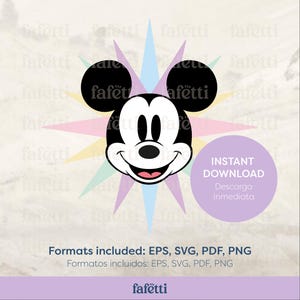 May include: A black and white cartoon image of Mickey Mouse's face with a big smile. The image is set against a background of a colourful starburst. The text "INSTANT DOWNLOAD" and "Descarga Inmediata" is in a purple box at the bottom of the image. The text "Formats included: EPS, SVG, PDF, PNG" and "Formatos incluidos: EPS, SVG, PDF, PNG" is at the bottom of the image.