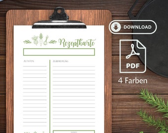 Recipe template A4 & US Letter to print out GER / ENG | 4 colors| Printable recipe template to fill out | Recipe card to write yourself