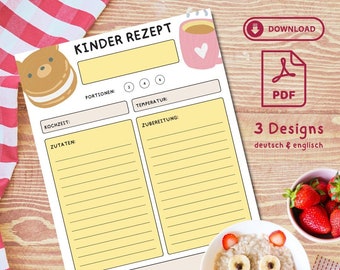 Plantilla de recetas para niños | A4 y US Carta para imprimir GER / ENG | 3 diseños coloridos para niños | Plantilla de receta imprimible para completar