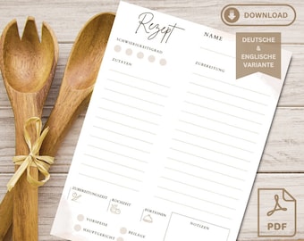 Rezeptvorlage A4 & US Letter zum ausdrucken | deutsch und englisch | Druckbare Rezeptvorlage zum ausfüllen | Rezeptkarte zum selberschreiben