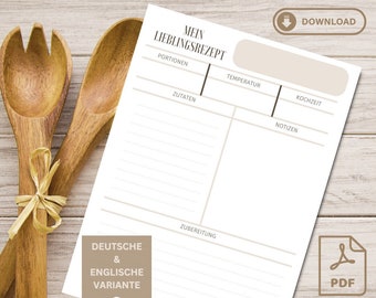 May include: Printable recipe template with the title "Mein Lieblingsrezept" in German. The template includes sections for ingredients, instructions, serving size, temperature, cooking time, and notes. The template is designed for both German and English languages.