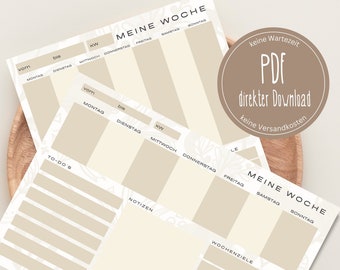 Weekly planner for adults to print in DIN A5, A4 and A3, portrait and landscape format, beige, German