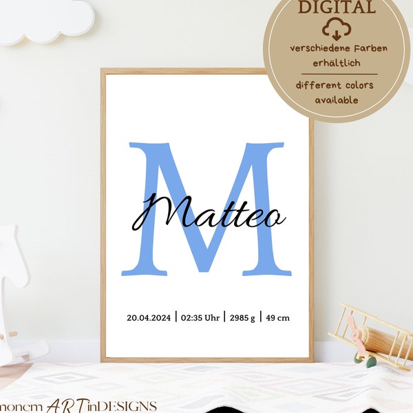 Personalized name poster | Wall picture | Birth poster | Digital | Name and birth date children minimalist | Baptism gift mom dad