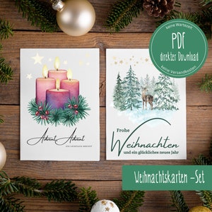 Christmas card set for printing | Christmas card motif with candles and a snowy winter landscape | German | digital file