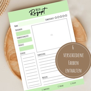Rezeptkarte "Mein Rezept" Vorlage zum ausdrucken im DIN A4 Format und in 6 verschiedenen Farben