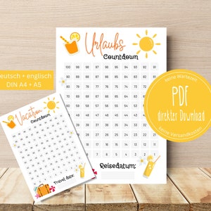 May include: A printable vacation countdown chart with a yellow sun and a glass of lemonade. The chart is in German and English and includes numbers 1 to 100. The text "Urlaubs Countdown" is at the top of the chart. The text "Vacation Countdown" is at the top of the chart. The text "Reisedatum" is at the bottom of the chart. The text "Travel Date" is at the bottom of the chart.