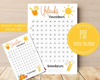 Travel countdown, vacation countdown, A4 and A5 printable, digital template, tick-box calendar, 100 days until vacation